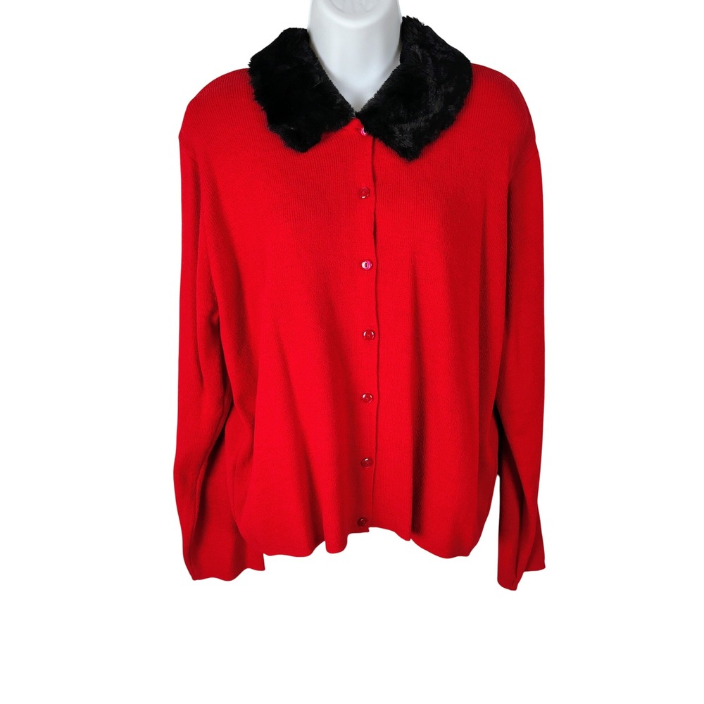 Halmode Plus Red Cardigan Sweater Detachable Faux Fur Collar 16W NEW vtg luxury